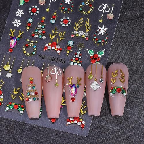 5D Embossed Christmas Nail Stickers Glitter Snowflake Reindeer Decals 3Sheets