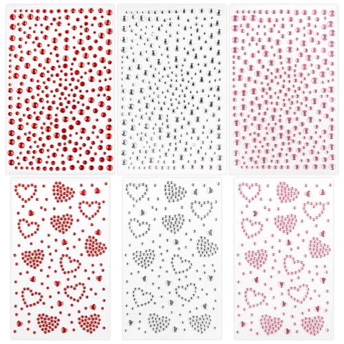 Doneace Self-Adhesive Heart Rhinestone Face & Hair Gems 6 Sheets