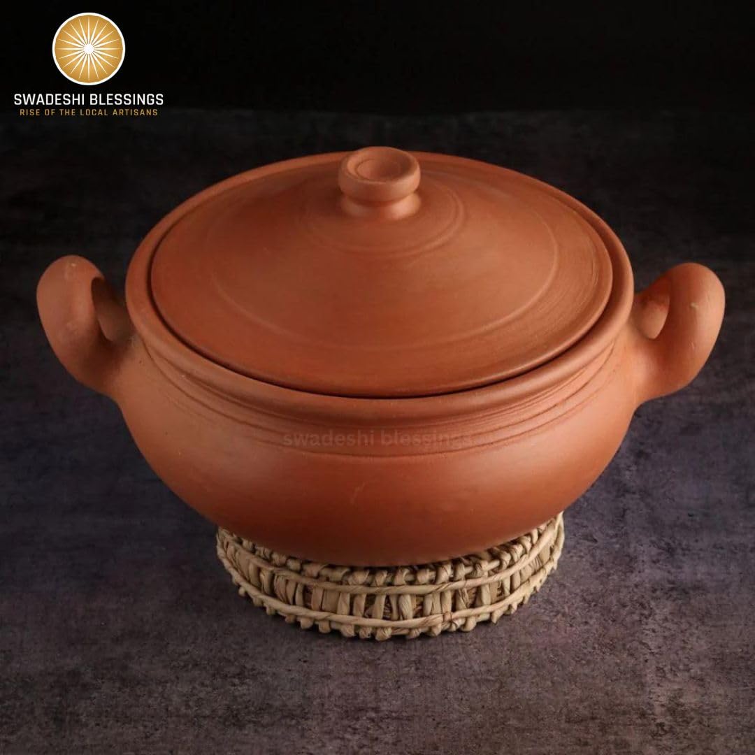 Swadeshi Blessings Exclusive Range Unglazed Clay Pot For Cooking & Serving with Lid/Earthen Kadai/Mud Handi/Mitti Ke Bartan (With Mirror Shine) + ASH For Cleaning (3 Liters)