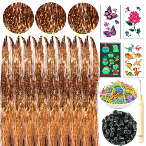Brown Hair Tinsel Kit with Extension Tools and 1760 Strands Heat Resistant Glitter Fairy Hair
