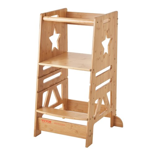 VEVOR Tower Step Stool, 3-Level Height Adjustable Toddler Step Stools for Kids, Bamboo Kitchen Stool, Kids Standing Tower Learning Stool with Safety Rail for Kitchen Counter Bathroom, 350LBS