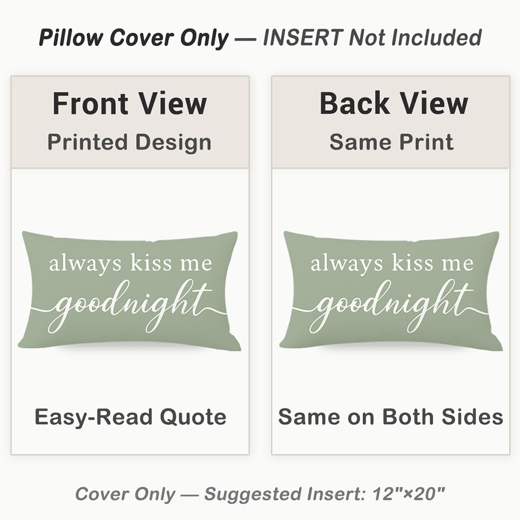 HERHOME Decorative Throw Pillow Cover 12x20 Inch, Always Kiss Me Goodnight Sage Green Lumbar Cushion Case for Bedroom Bed Sofa, Sweet Gifts for Couples Wedding Anniversary Spring Summer Home Decor