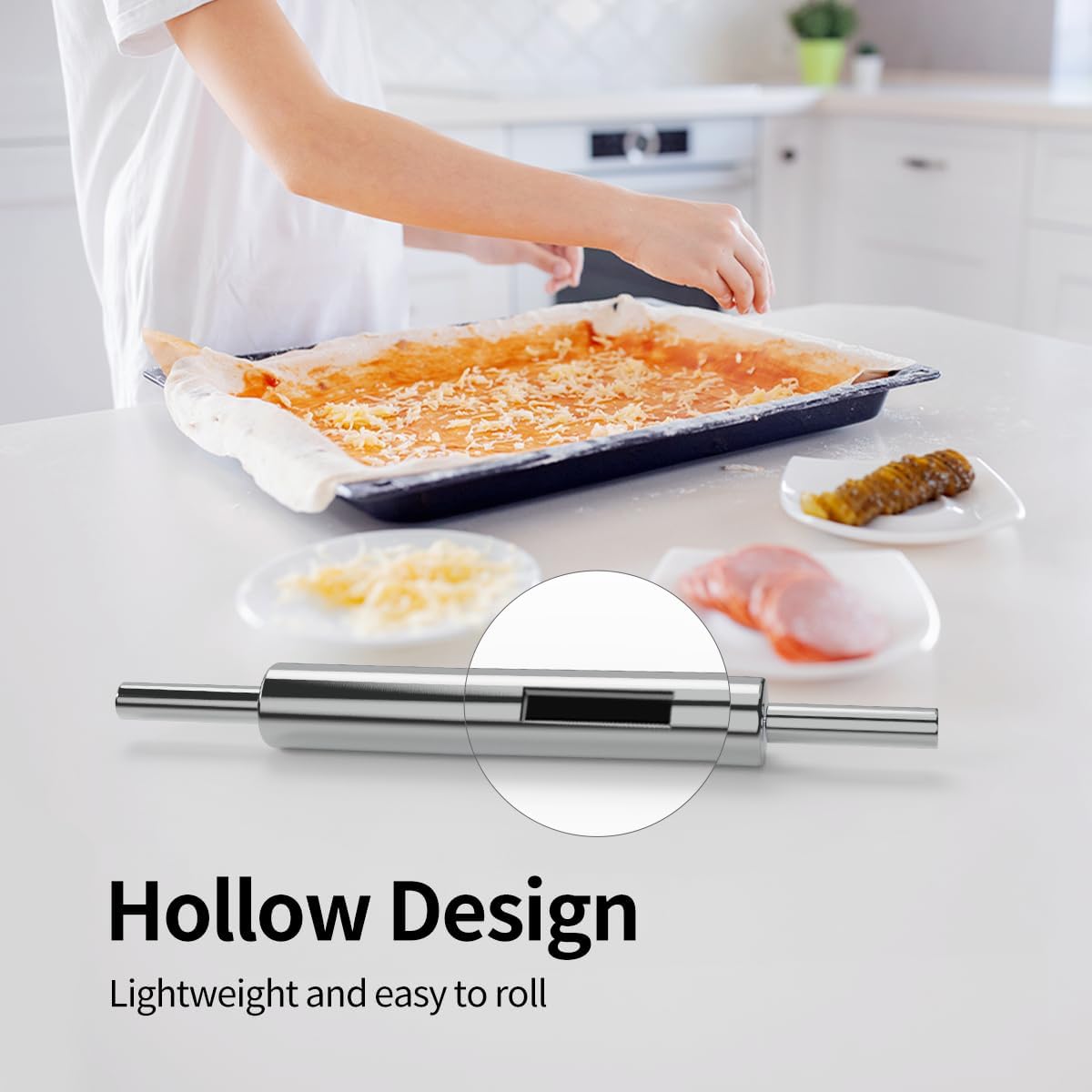 Skiennix 17-Inch Stainless Steel Rolling Pin - Smooth Baking Tool for Pizza, Dough & Cookies
