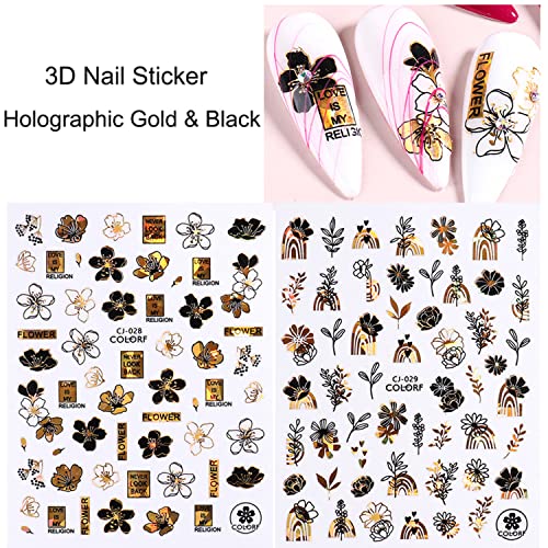 9 Sheets Laser Gold Nail Art Stickers 3D Floral Rose Leaf Decals