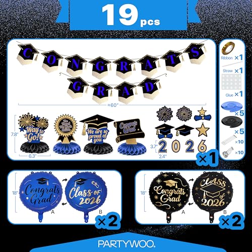 Graduation Decorations Class of 2026 - 19-Piece Black Gold Blue Set