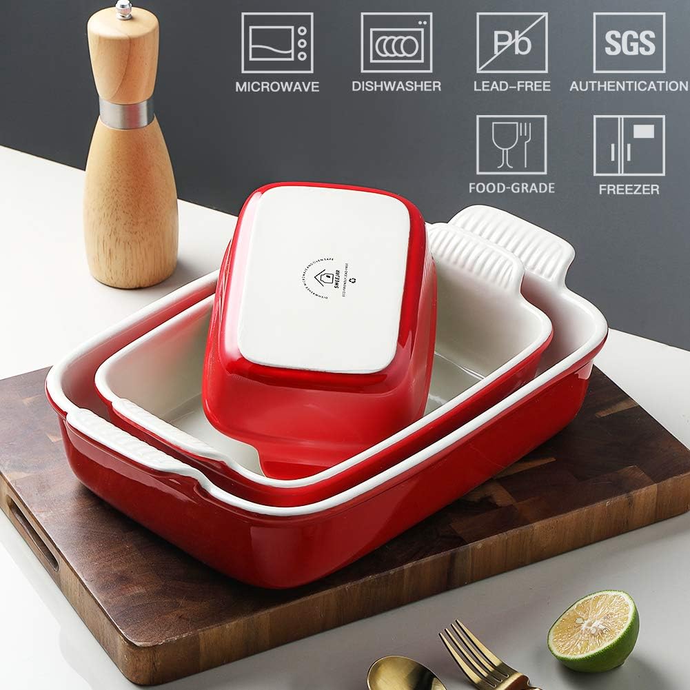 Sweejar Baking Pans Set - Durable Ceramic 9x13 Baking Dish with Handle | 3-Piece Bakeware Set in Red