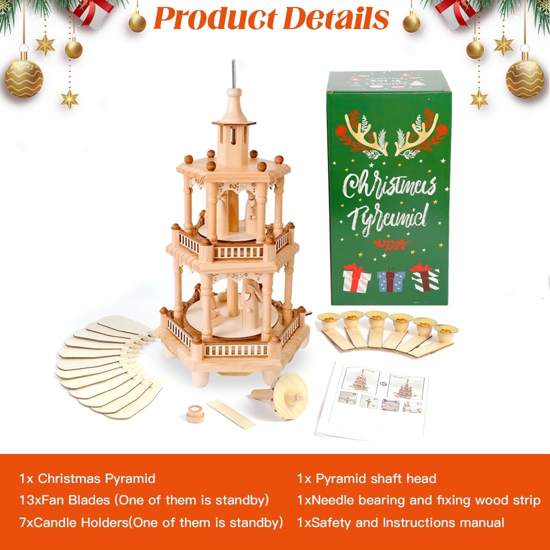 Rotating Christmas Pyramids | 17-Inch Wooden Nativity Scene with 6 Candle Holders & 3 Tiers