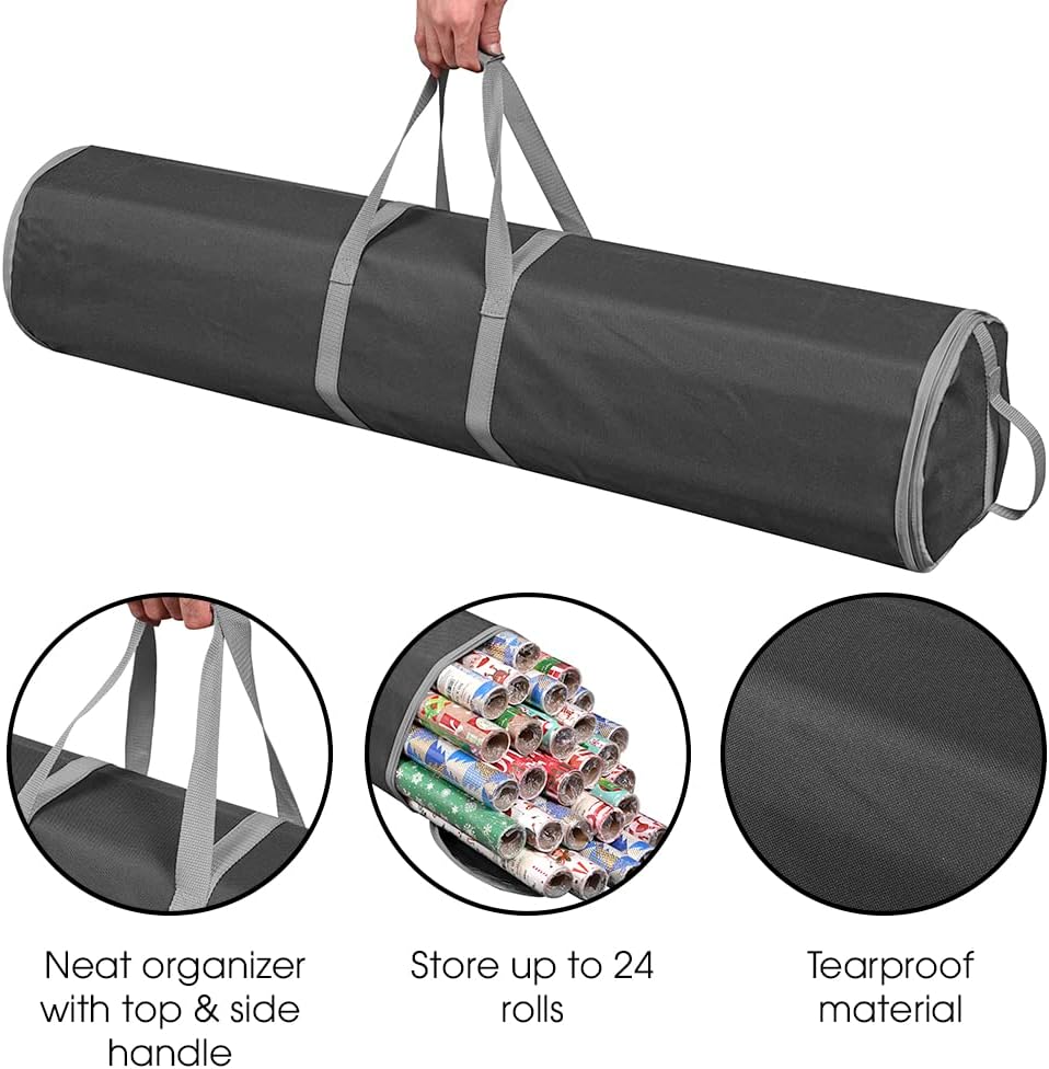 ProPik Wrapping Paper Storage Bag - Heavy Duty Gift Wrap Organizer | 2 Pack Holds 48 Rolls, 40" Long | Black