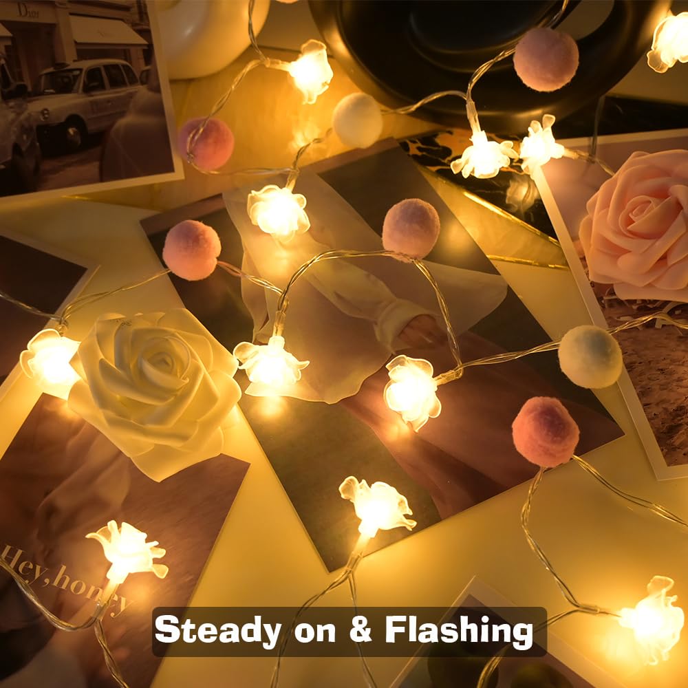ChiRee 9.85Ft String Lights 20 Cute Pink Pompoms 20 LEDs Rose Fairy Lights Garland Battey Operated with Timer Flower Lights for Bedroom Kids Room Party Birthday Wedding Valentines Decorations