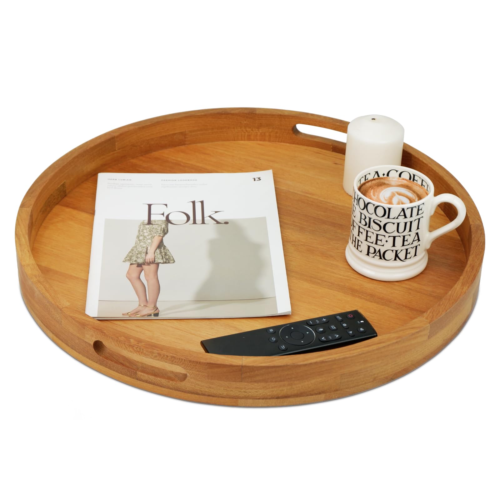 MAGIGO 20 Inches Extra Large Round Teak Wood Ottoman Tray with Handles, Serve Tea, Coffee Classic Wooden Decorative Serving Tray