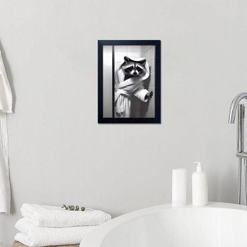 Farmhouse Bathroom Decor | Raccoon Wall Art - Cute Black and White Canvas Print with Bathrobe Design