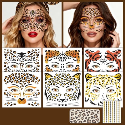 Leopard Print Temporary Face Tattoos with Gems 6 Sheets
