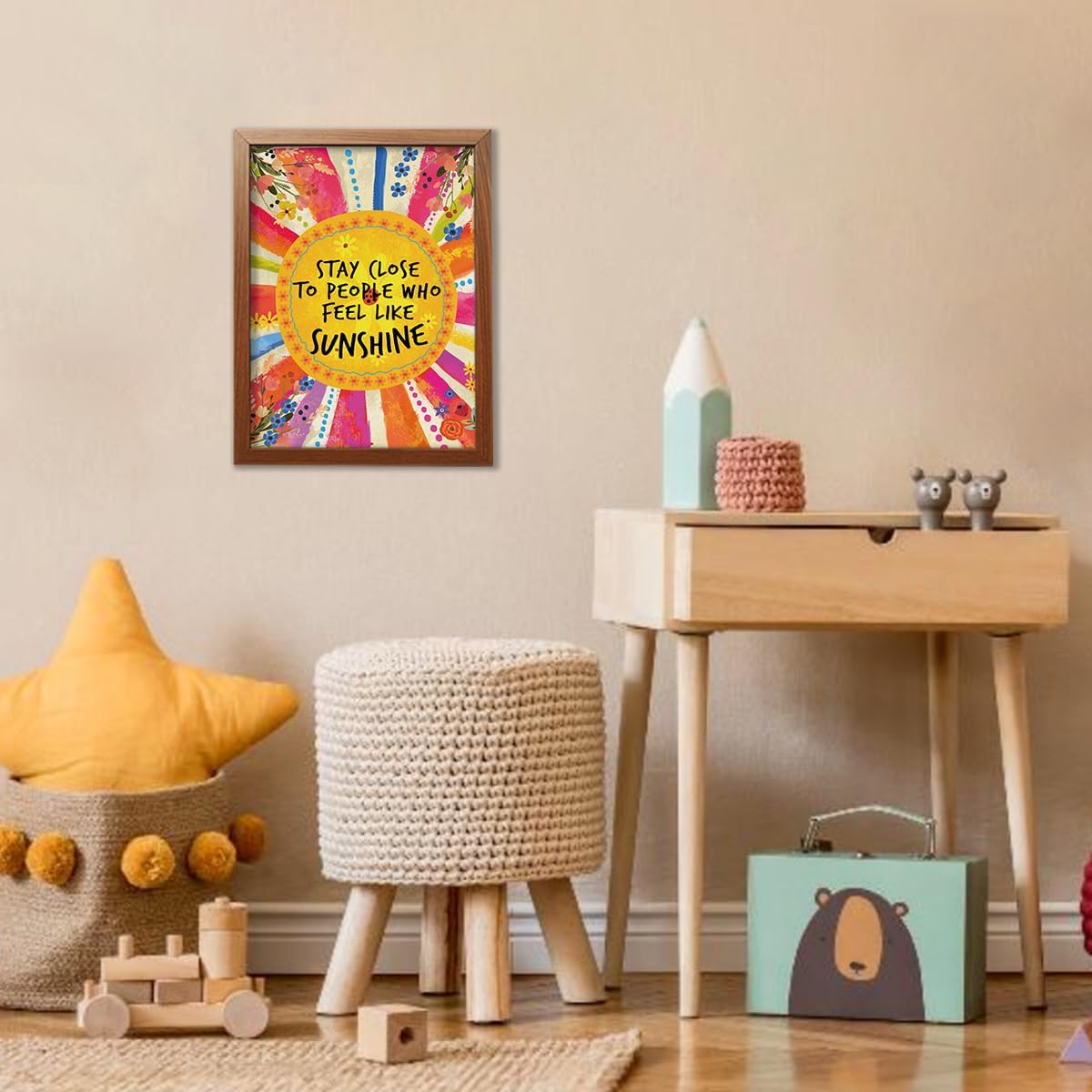 YEOION Inspirational Quote Wall Art - "Stay Close to People Who Feel Like Sunshine" | Canvas Print with Imitation Wood Metal Frame for Girls' Bedroom Decor