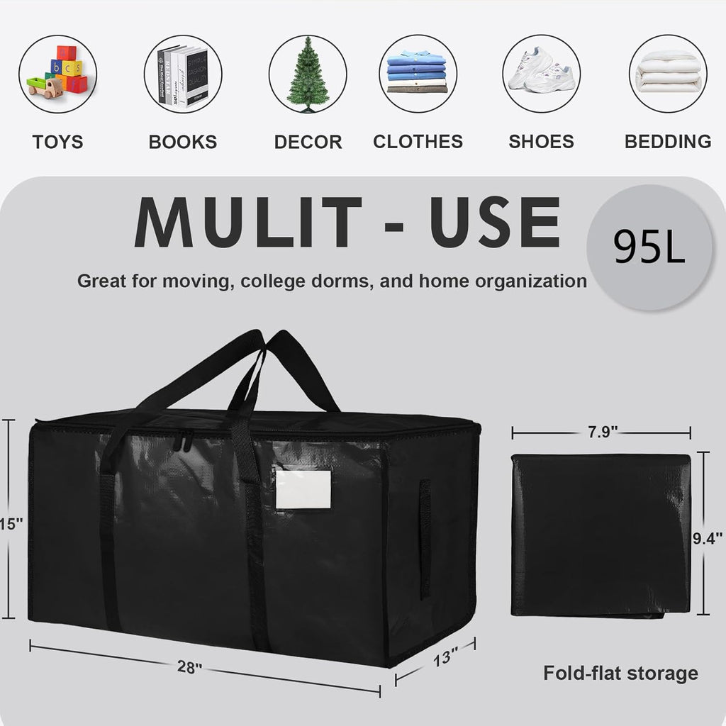 Skiennix Extra Large Heavy Duty Moving Bags - Waterproof Storage Totes with Handles & Zippers | 6 Pack (Black)