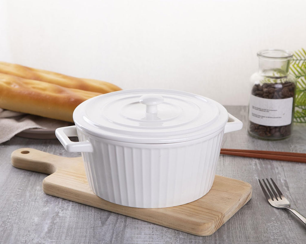 WHJY Ceramic Casserole Dish - White Colorful Design with Lid | 1 Quart Bakeware Oven Pan