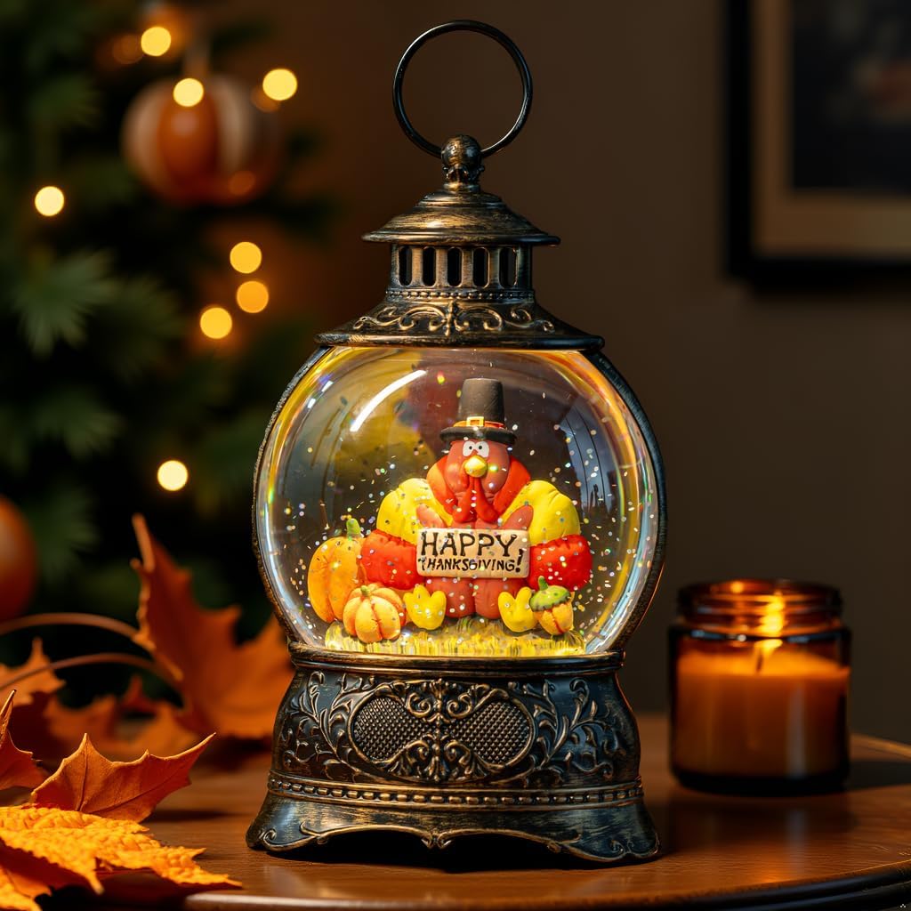 Regine Switzerland Snow Globe - Swirling Glitter Thanksgiving Lantern | Autumn Harvest Decor (Turkey & Pumpkins)