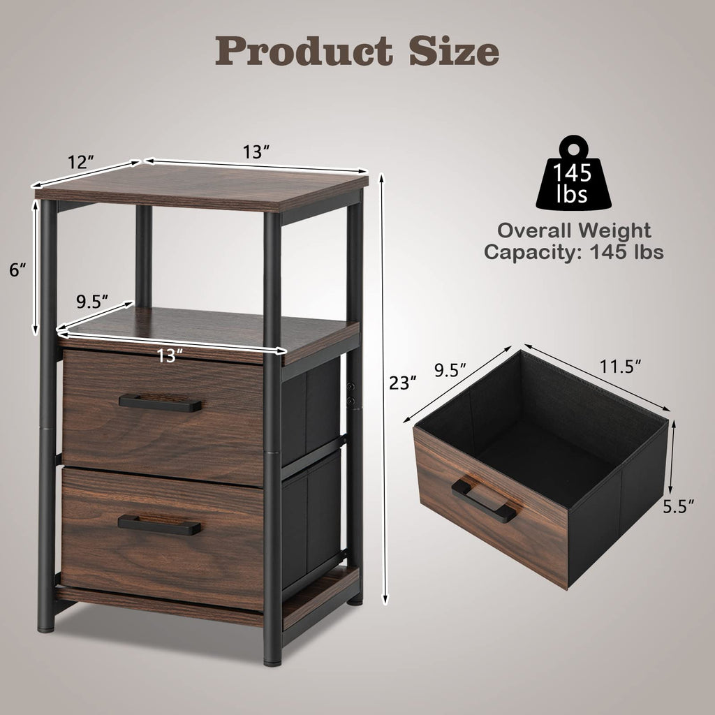 COSTWAY Nightstand with 2 Fabric Drawers, 3-Tier Bedside Sofa Side Table with Open Shelf, Metal Frame, Industrial End Table for Bedroom, Living Room, Dormitory, Walnut