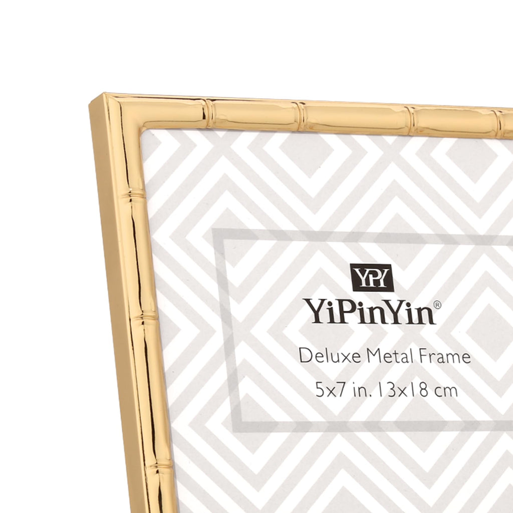 YiPinYin 8x10'' Bamboo Detail Gold Metal Picture Frame with Acid Free Mat for 5x7'' Set of 2,Narrow Gold Plated Photo Frames 5 x7'' With Soft Touch Velvet Backing for Desktop and Wall Décor