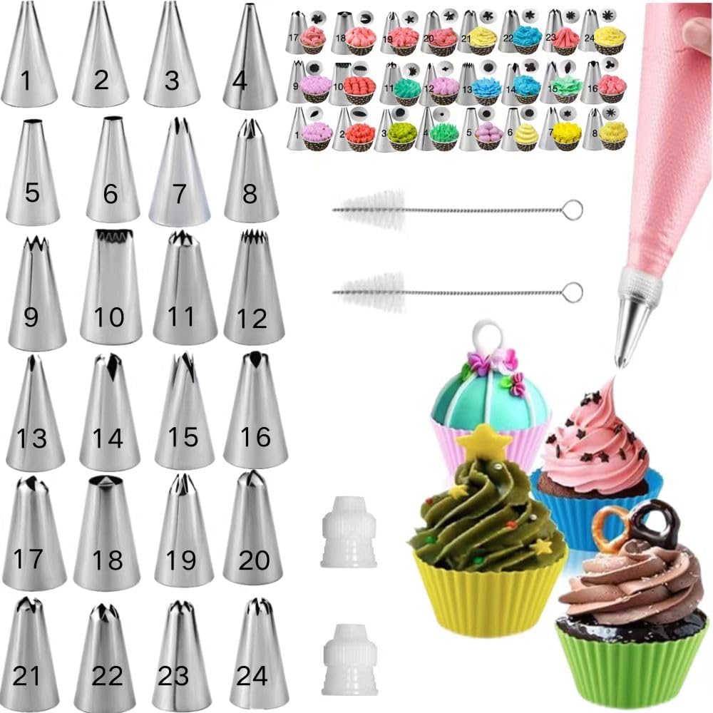 Skiennix Cake Decorating Kit - 24 Piping Tips & Brushes for Perfect Cakes | White