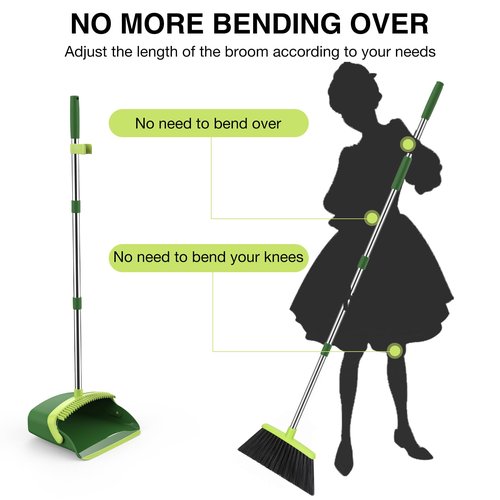 Broom and Dustpan Set, 52-in Long Adjustable Handle Broom Dustpan Combo with Dust pan Teeth to Automatically Clean Hair Suitable for Home Kitchen Office Hall Floor（Green）