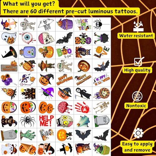 Glow in the Dark Halloween Temporary Tattoos 60PCS Party Favors