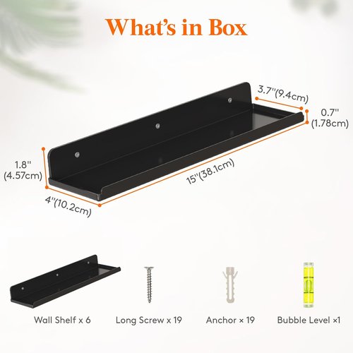 Lifewit Floating Shelves - 15" Acrylic Wall Organizer for Makeup, Perfume & Decor | Black, 6 Pack