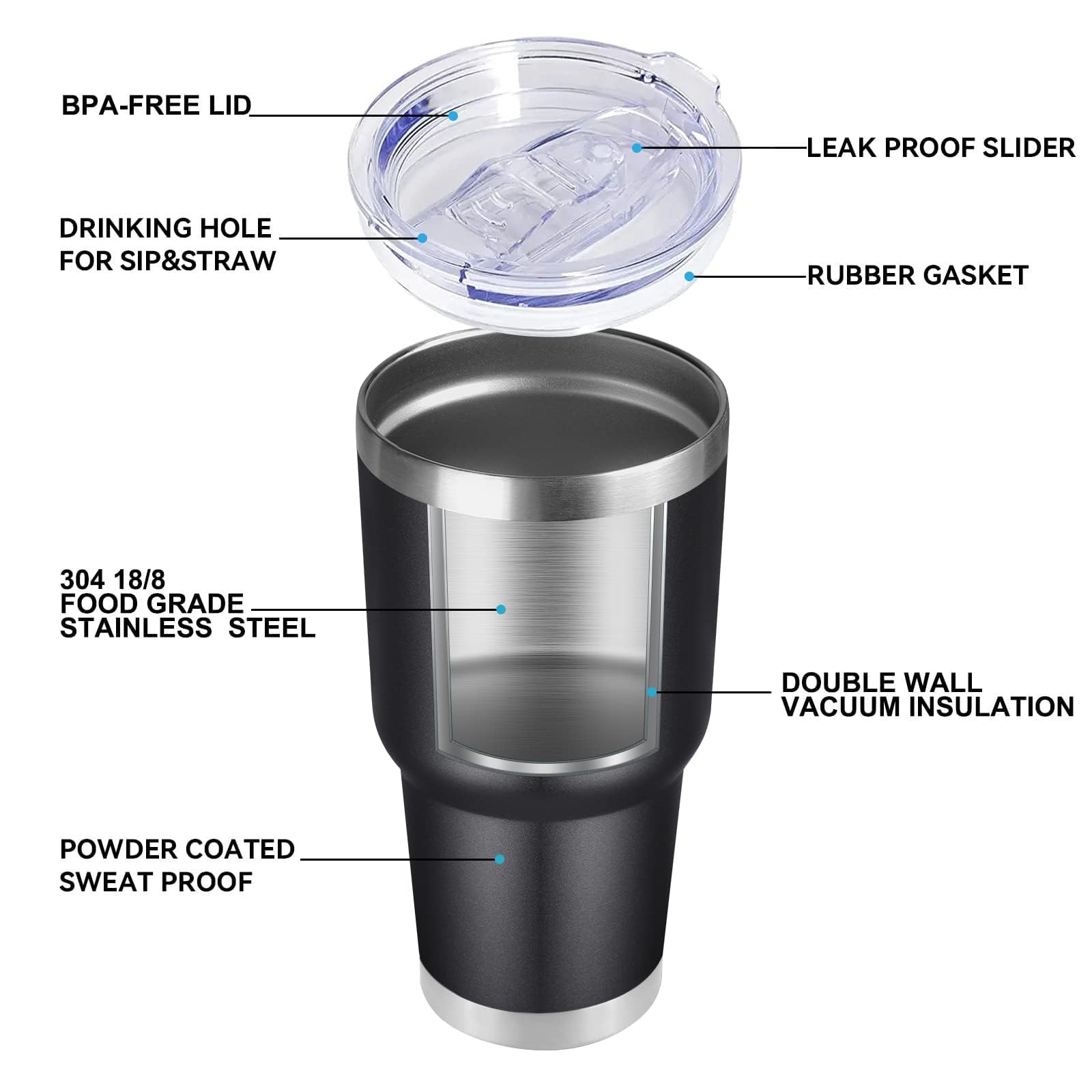 DOMICARE 30oz Tumbler Bulk with Lid and Straw, Double Wall Travel Coffee Mug, Insulated Vacuum Stainless Steel Tumblers, Powder Coated Tumbler Cup (Black, 8)