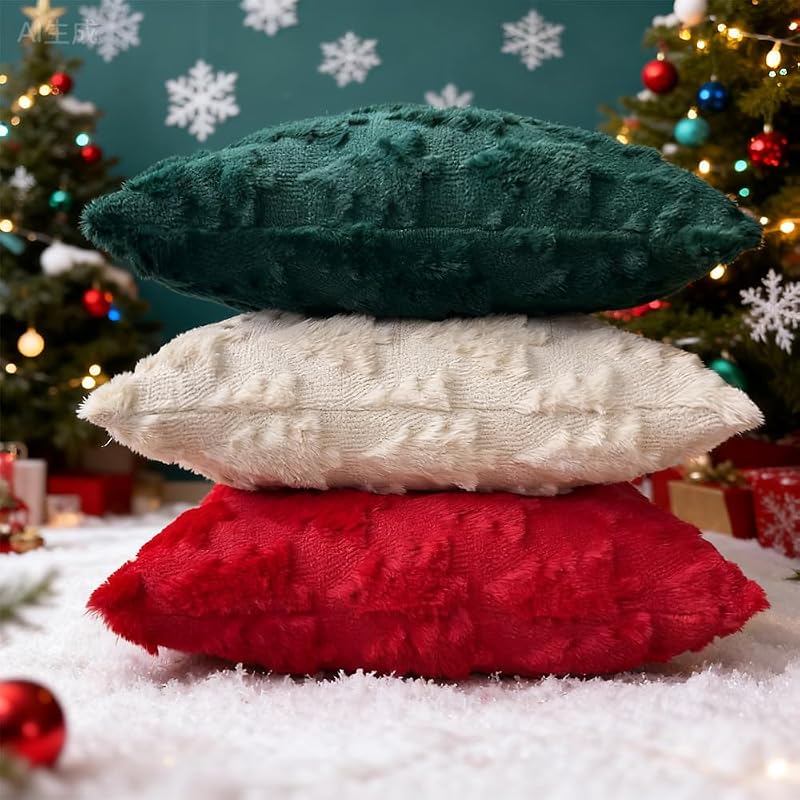 Booque Valley 2 Pack Beige Christmas Tree Pillow Covers 20x20 inches - Fuzzy Wool Embroidered 3D Pine Tree