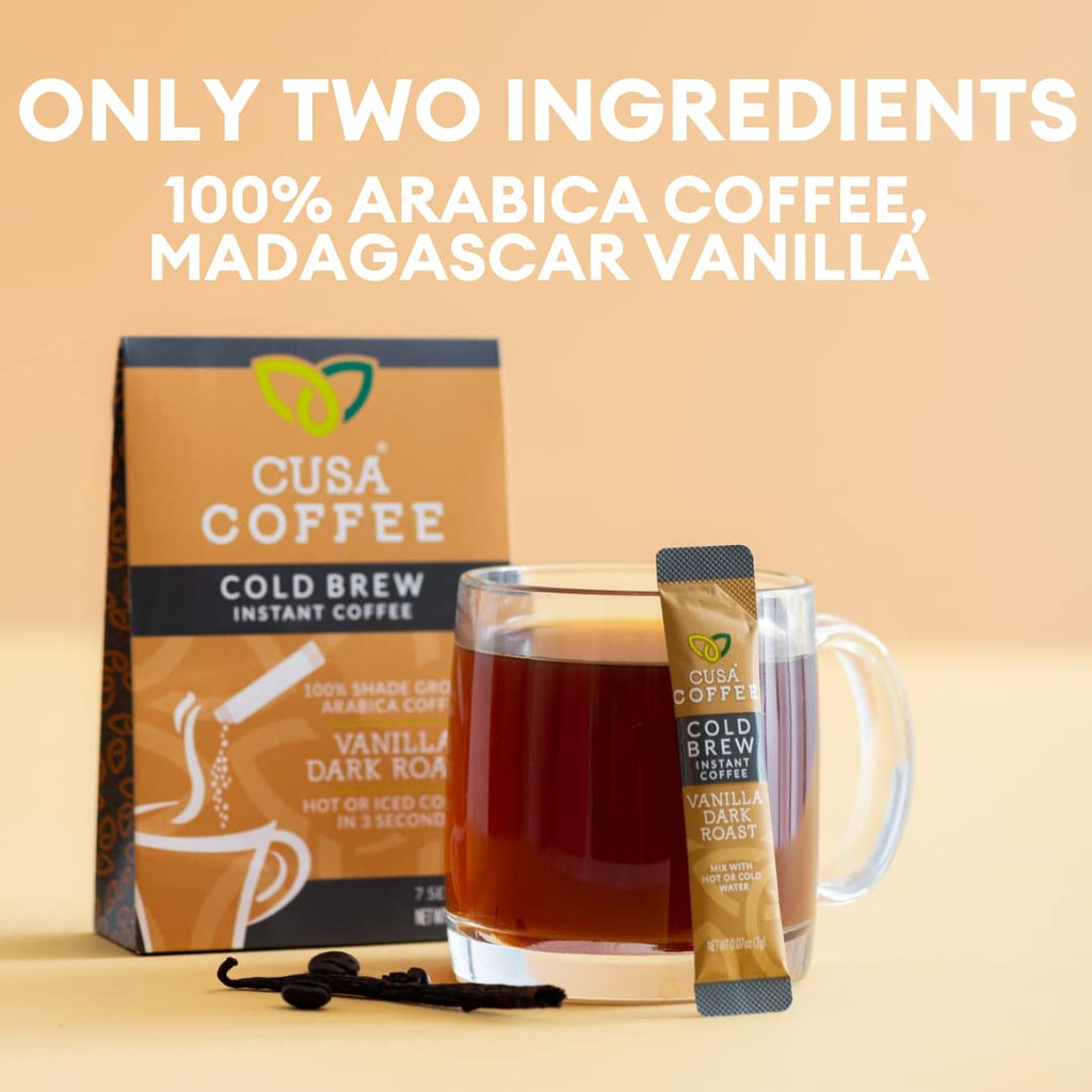 Cusa Tea & Coffee | Premium Instant Vanilla Dark Roast | Rainforest Alliance Certified Arabica Beans | Hot or Cold Brew Drink Mix Packets (30 Single Servings)