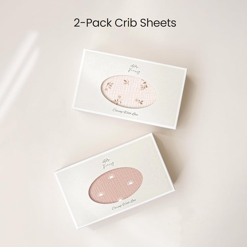 Konssy Muslin Crib Sheets - Soft & Breathable Cotton Baby Sheets | 2 PCS for Standard Crib Mattress, 52"x28" (Pink Sun & Khaki Leaf)