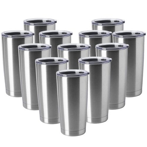 HASLE OUTFITTERS 20oz Tumblers Stainless Steel Mugs with Lid Double Wall Vacuum Insulated Coffee Cups for Cold & Hot Drinks (20oz-Stainless Steel, 12 Pack)