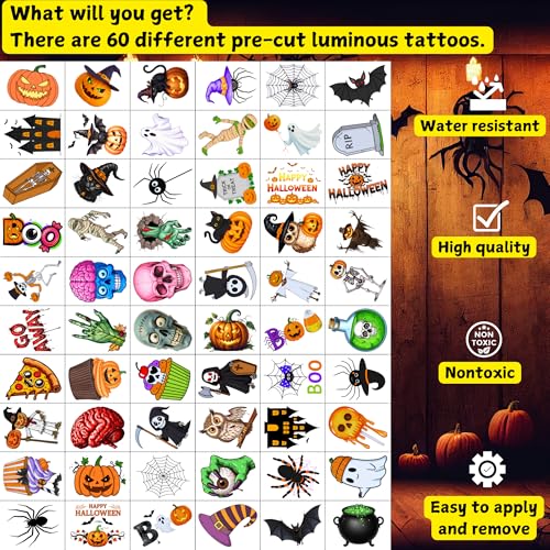 Glow in the Dark Halloween Temporary Tattoos 60-Pack - Spooky Party Favors