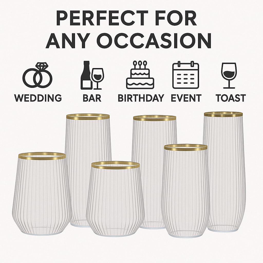 Oojami 48 Pack Ribbed Origami Ripple Plastic Glasses, 24 9 Ounce Stemless Champagne Flutes & 24 12 Ounce Cups, BPA-Free Disposable Shatterproof Toasting Glasses for Weddings Bars Events (Gold Rim)