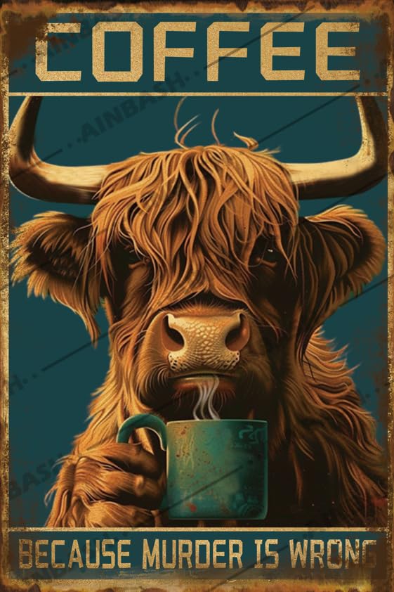 Highland Cow Coffee Metal Tin Sign - Funny Kitchen Decor, 8x12 Inch