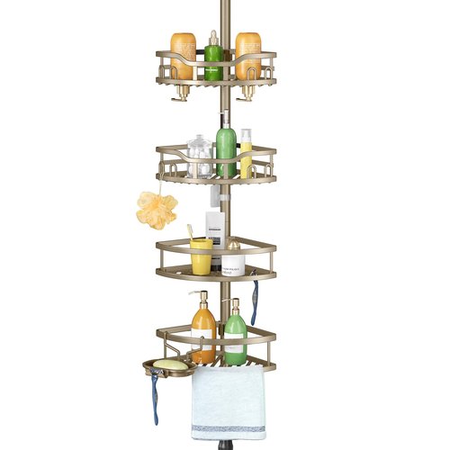 HAMITOR Corner Shower Caddy Tension Pole: Rustproof 4-Tier Bathroom Organizer Shelves for Bathtub Shampoo Storage - 47-121 Inch Quick Install Adjustable Rod Standing Rack with Soap Rack - Matte Gold