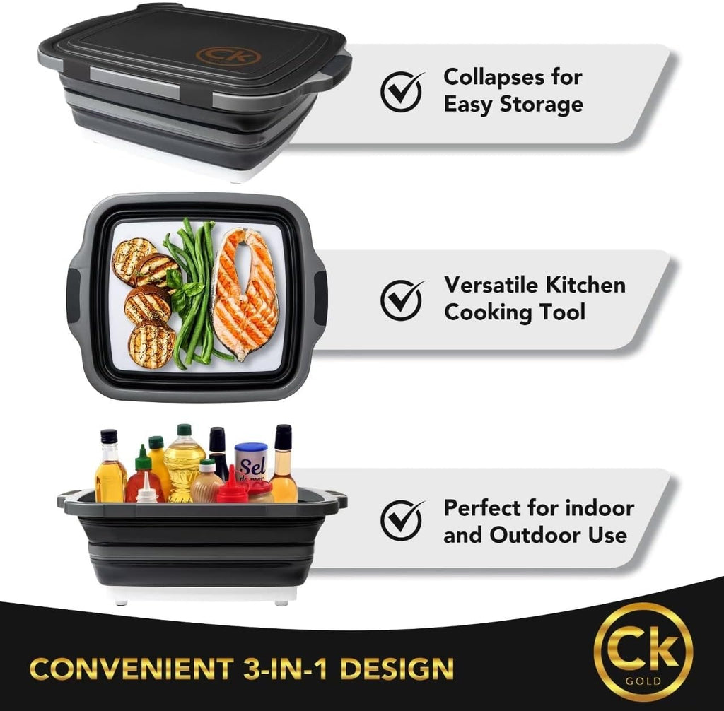 CK GOLD New XL Collapsible BBQ Prep Tub with LOCKING Lid, Cutting Board & Drain Hole | BPA-Free, Food-Grade, Space-Saving Marinating Container for Grilling, Kitchen & Outdoor Cooking (Black, 30 L)