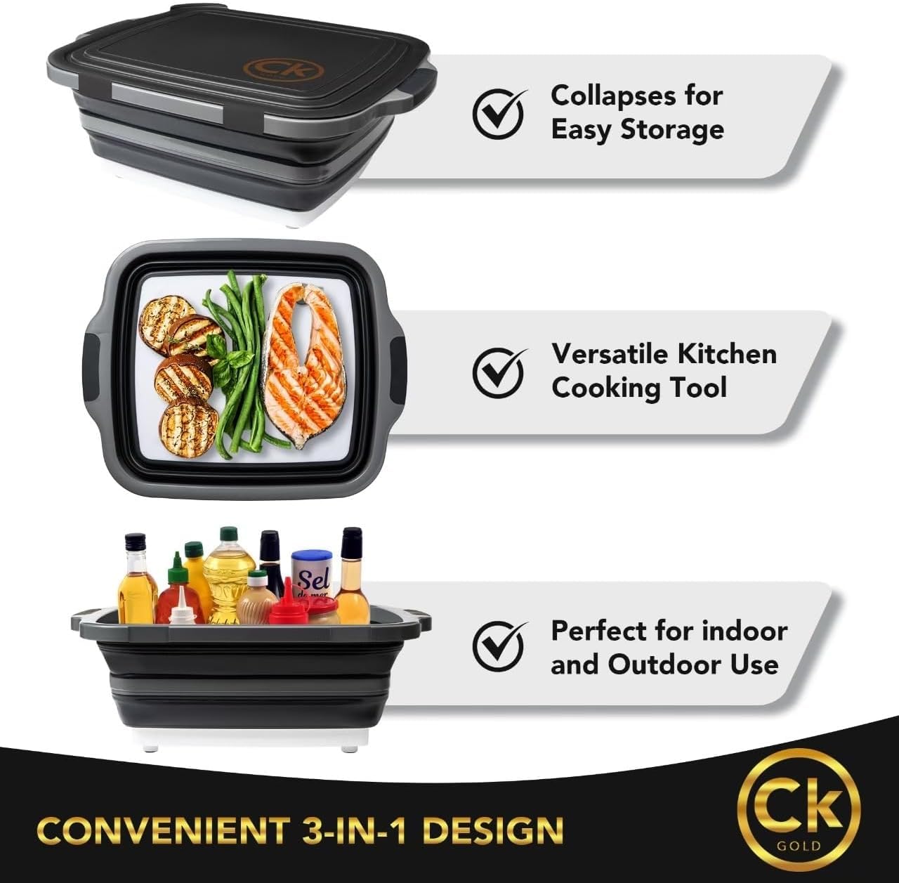 CK GOLD New XL Collapsible BBQ Prep Tub with LOCKING Lid, Cutting Board & Drain Hole | BPA-Free, Food-Grade, Space-Saving Marinating Container for Grilling, Kitchen & Outdoor Cooking (Black, 30 L)