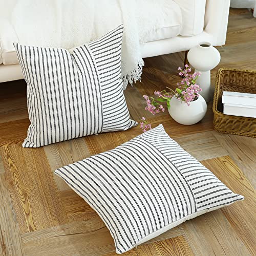 Farmhouse Striped Throw Pillow Covers 18x18 Inch, Set of 2 - Black