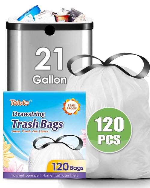21 Gallon 120 Counts Strong Drawstring Trash Bags Garbage Bags by Teivio, Bathroom Trash Can Bin Liners, Plastic Bags for home office kitchen, White