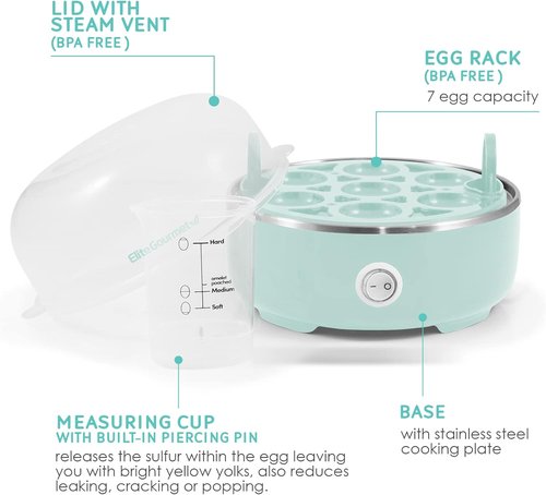 Elite Gourmet Easy Egg Cooker - Electric 7-Egg Capacity with Auto Shut-Off | Retro Mint Color