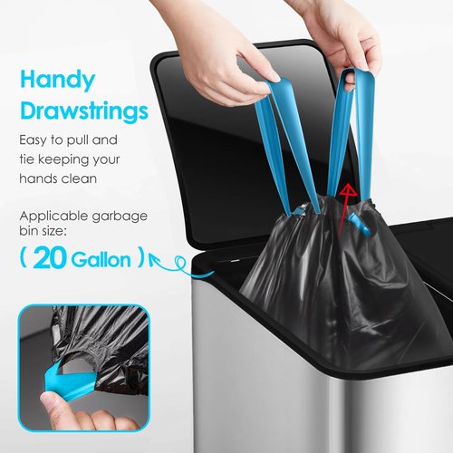 Teivio 20 Gallon 60 Counts (fit 18-20 Gal) Large Drawstring Trash Bags Strong Tall Kitchen Compactor Bags Garbage Bags for Home/Office/Light Residential Waste/Outdoor Trash Can, Lawn，Black Trash