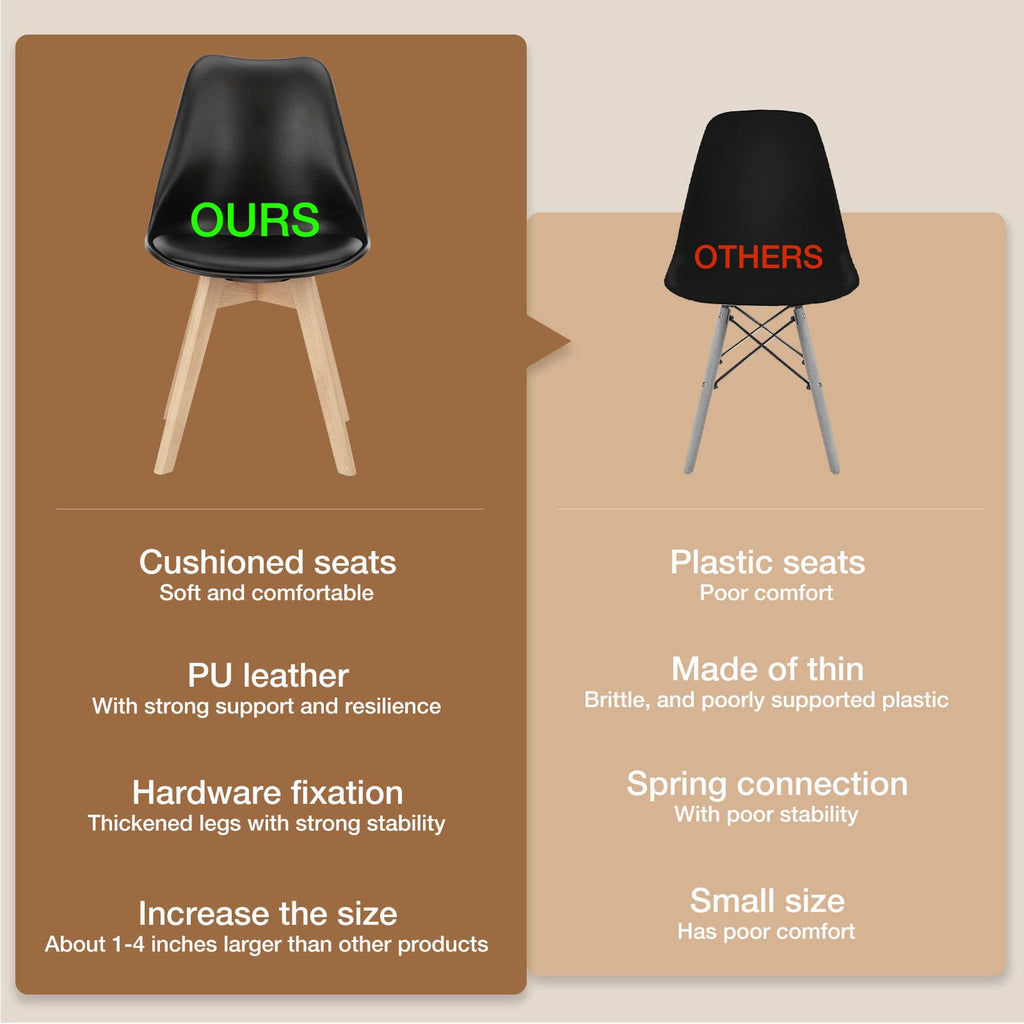 OLIXIS Set of 4 Dining Kitchen Mid-Century Modern Chairs with Wood Legs and PU Leather Cushion for Living Room Bedroom Outdoor Lounge, Black