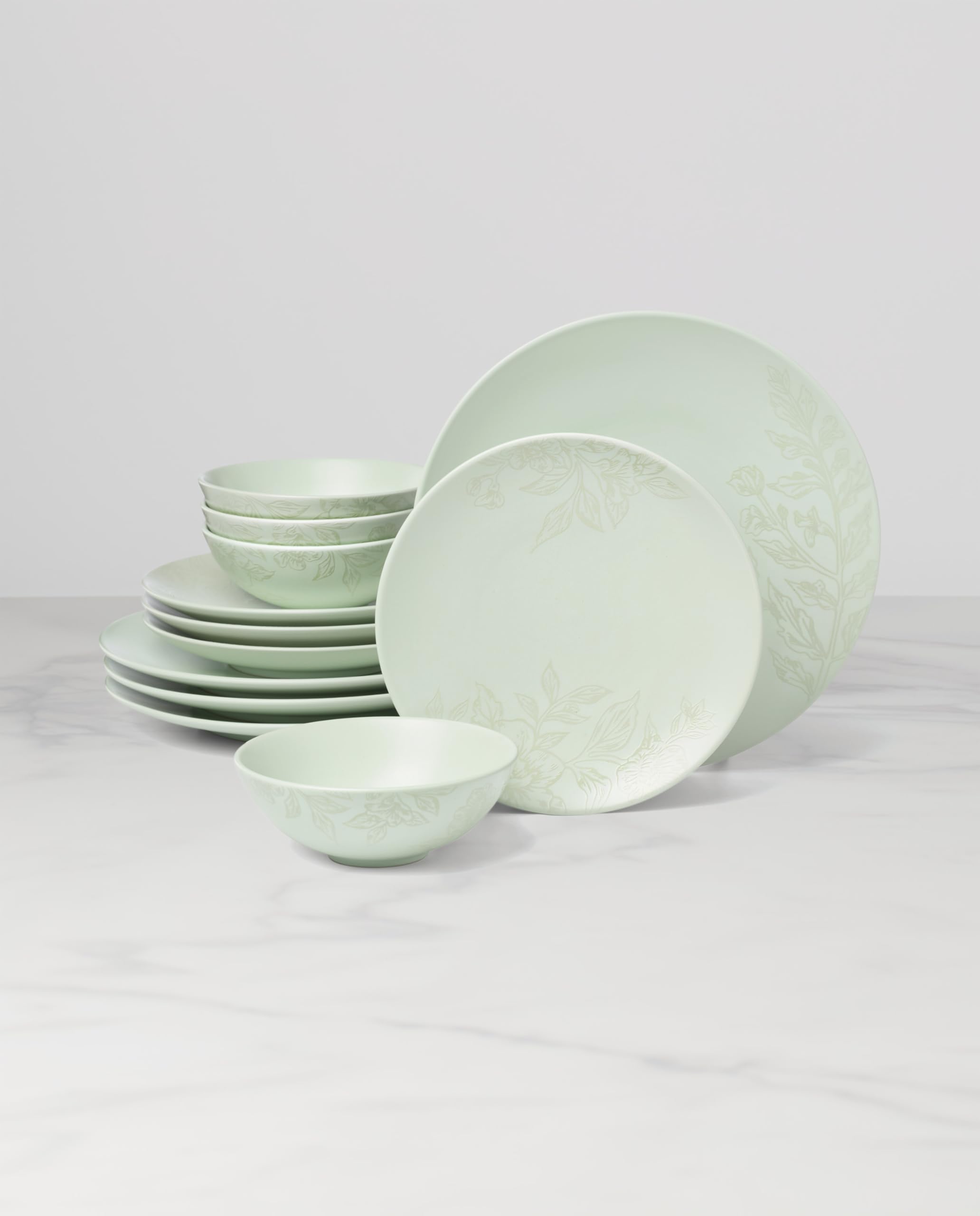 Oneida 897395 Roseto 12-Piece Dinnerware Set, Soft Sage