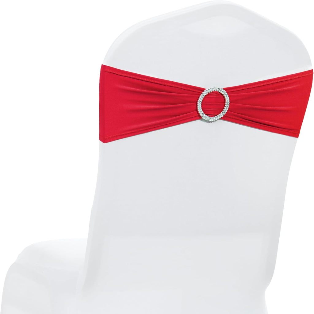 MDS Spandex Chair Sashes - Pack of 125 Elastic Stretch Bands with Buckle Slider for Wedding Decor | Red