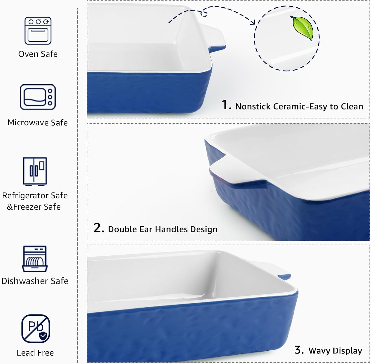 Regine Switzerland 4 QT Baking Dish - Deep Ceramic Casserole Pan with Handles | Oven Safe, Dark Blue