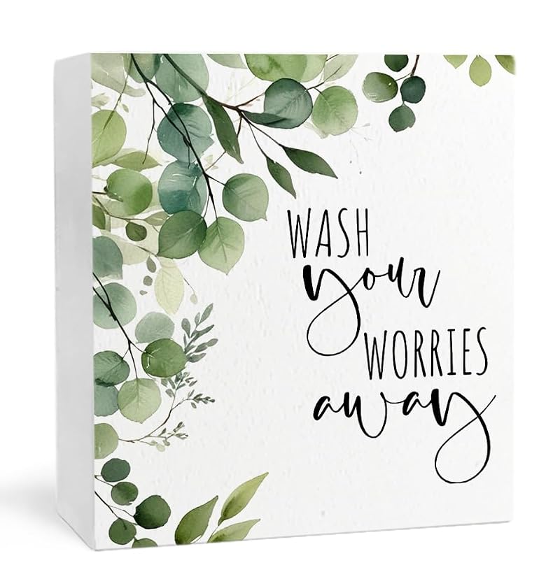 Wash Your Worries Away Funny Bathroom Wood Box Sign - Eucalyptus Style I