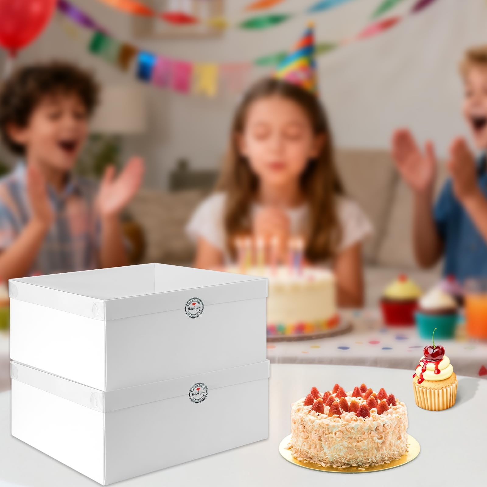 CHENZEM 5 Packs Bento Cake and Cupcake Box Fit 12 muffin Cupcakes and 1 Mini Cake Box with Clear Window and Stickers for Wedding Birthday Valentine'Day Party Baking Supplies (White, 1+12(5Pack))