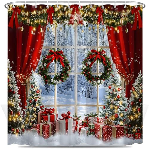 Christmas Shower Curtain 70x70 Inches, Winter Forest Tree Design - Red Green