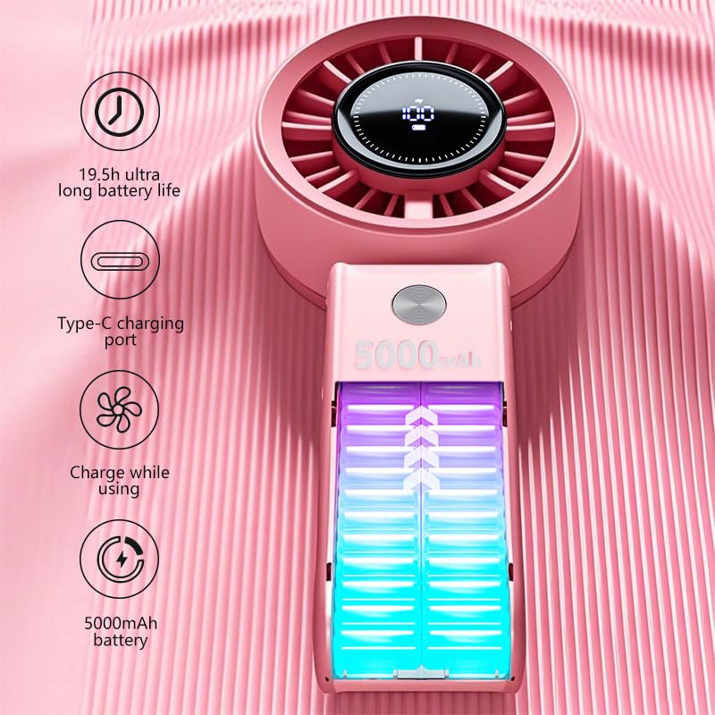 Portable Handheld Fan with LED Display - 5-Speed, 10-Hour Battery, Foldable Design (Pink)