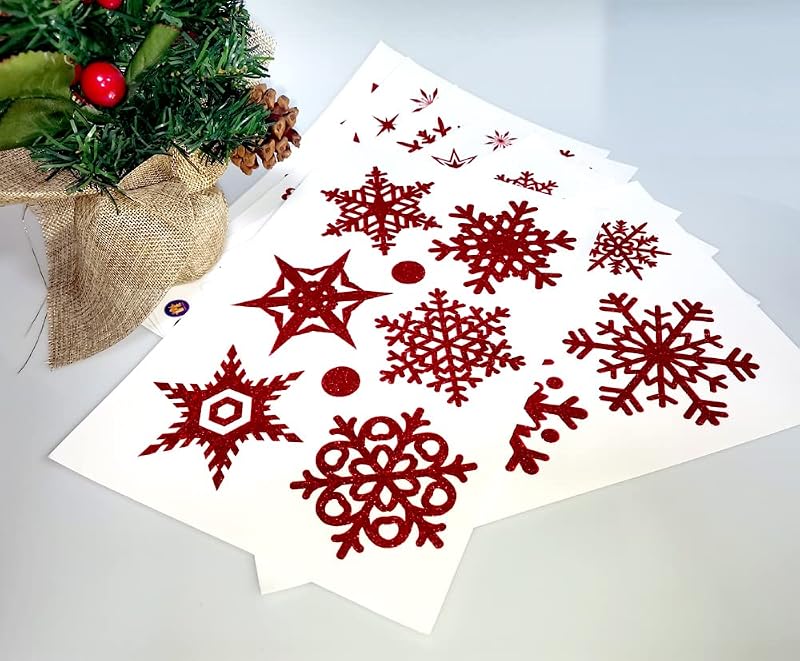Glitter Red Snowflake Window Clings - 9 Sheets Electrostatic PVC Xmas Decor